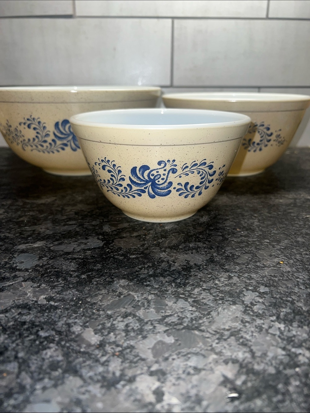 Pyrex Homestead Blue speckled  Cream Mixing Bowls with Blue Floral Motif